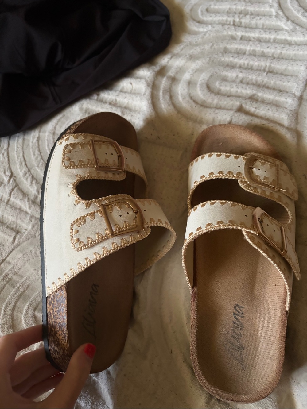 Women's Cream Double-Buckle Slide Sandals